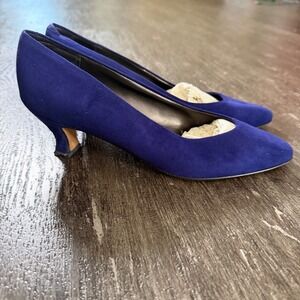 Vintage Ann Taylor Design Royal Blue Suede Pointed Toe Kitten Heel Pumps Size